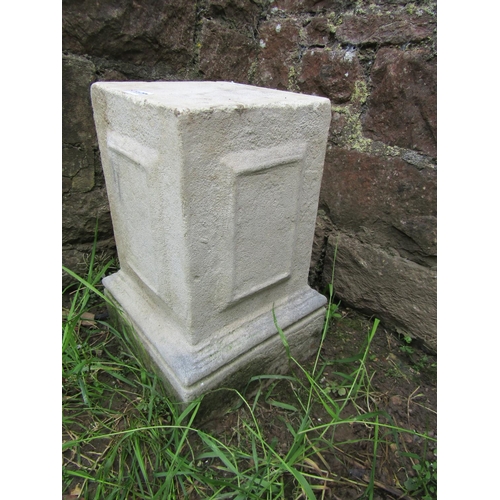 1177 - A weathered cast stone square stepped repeated panelled pedestal 42 cm high x 22 cm square at op, at... 