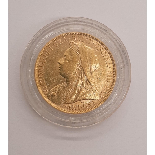 838 - Victoria (1837 - 1901) A gold full sovereign coin, 1899 (sealed in Stanley Gibbons 22mm coin protect... 