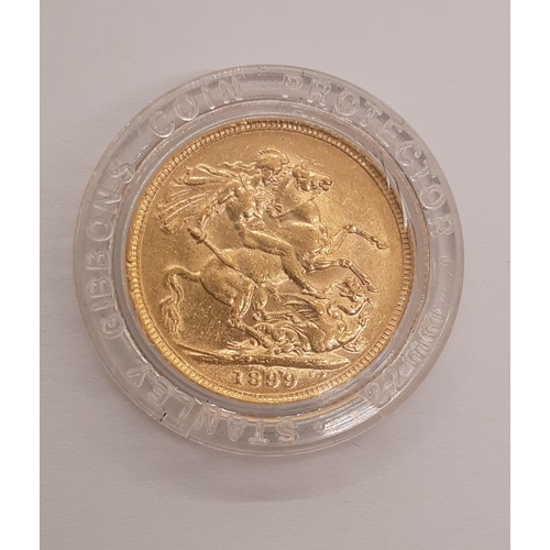 838 - Victoria (1837 - 1901) A gold full sovereign coin, 1899 (sealed in Stanley Gibbons 22mm coin protect... 