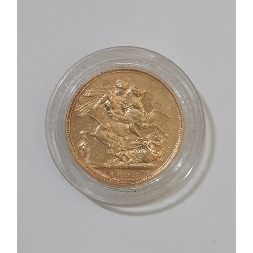 830 - Victoria (1837 - 1901) A gold full sovereign coin, 1893 (sealed in Stanley Gibbons 22mm coin protect... 