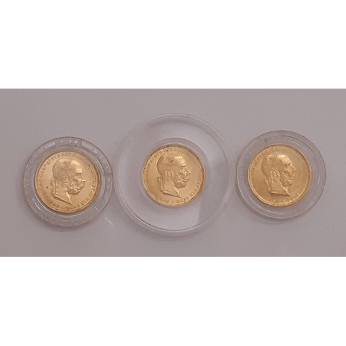 832 - Franz Joseph I of Austria (1848-1916) Three gold 20 Corona coins, each 1893 (two sealed in Stanley g... 