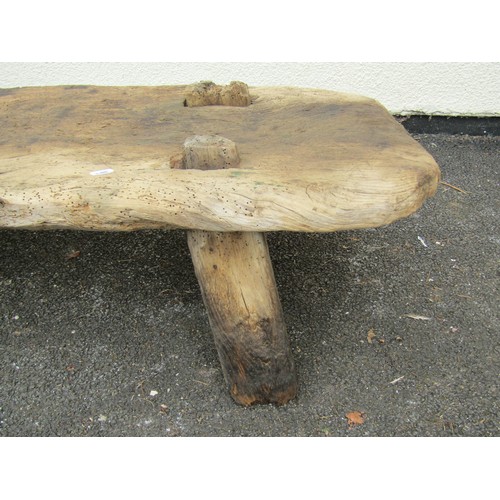 1674 - An antique dry rustic elm pig bench with through jointed tapered supports 30 cm high x 148 cm x 42 c... 