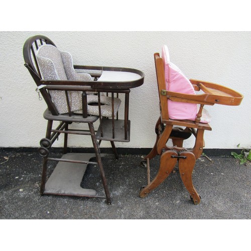 1676 - An Edwardian walnut child's high chair on swept and moulded supports united by turned stretchers tog... 