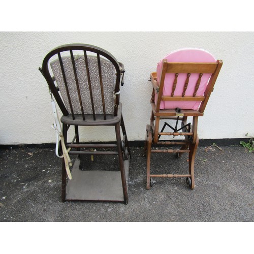 1676 - An Edwardian walnut child's high chair on swept and moulded supports united by turned stretchers tog... 