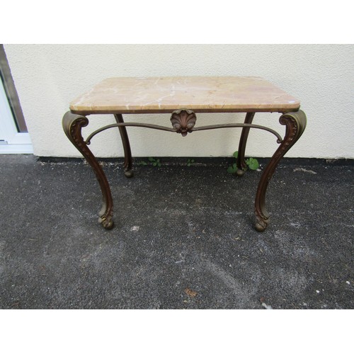 1681 - A decorative vintage low occasional table with drop in rectangular veined marble top with rounded co... 