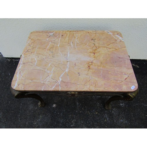 1681 - A decorative vintage low occasional table with drop in rectangular veined marble top with rounded co... 