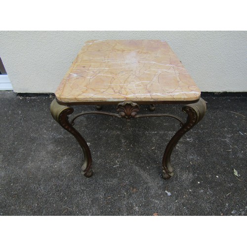 1681 - A decorative vintage low occasional table with drop in rectangular veined marble top with rounded co... 