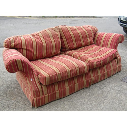 1685 - A vintage traditional sofa with swept and rolled arms, alternating pink and cream striped upholstery... 