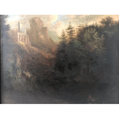 1872 - 19th Century School - A romantic landscape with a figure in the foreground and ruined castle above, ... 