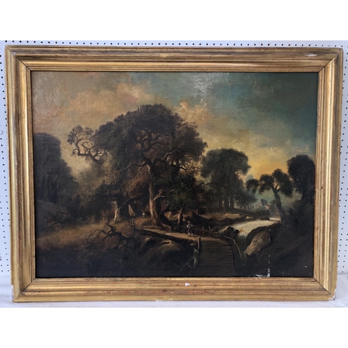 1878 - Late 19th French School - Landscape scene with figures crossing a bridge over a stream, oil on canva... 