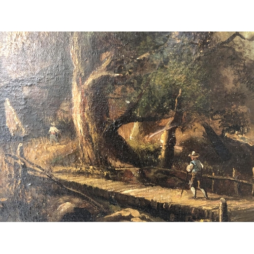 1878 - Late 19th French School - Landscape scene with figures crossing a bridge over a stream, oil on canva... 