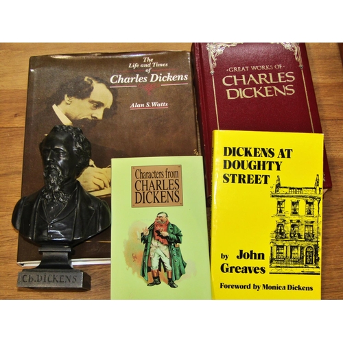 661 - A small library of books relating to Charles Dickens together with a small cast bronze bust after Er... 