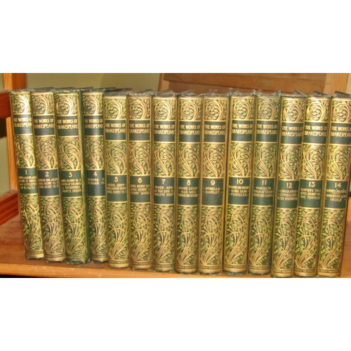 671 - Fourteen volumes of green and gilt bound illustrated works of William Shakespeare published by the G... 