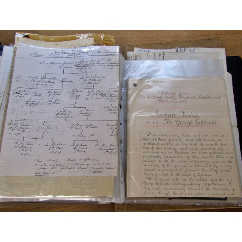 721 - Box of ephemera - to include letters, family trees for Gibson/e family, a will dated 25/5/1767 for S... 