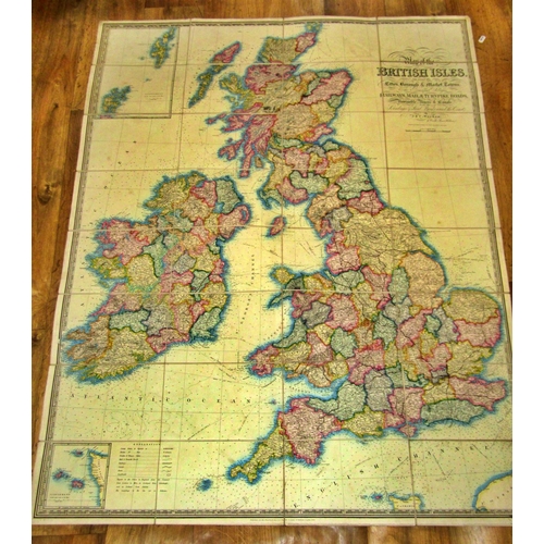 729 - A 1840 paper on linen map of The British Isles, printed by J & C Walker, London, showing the cities,... 