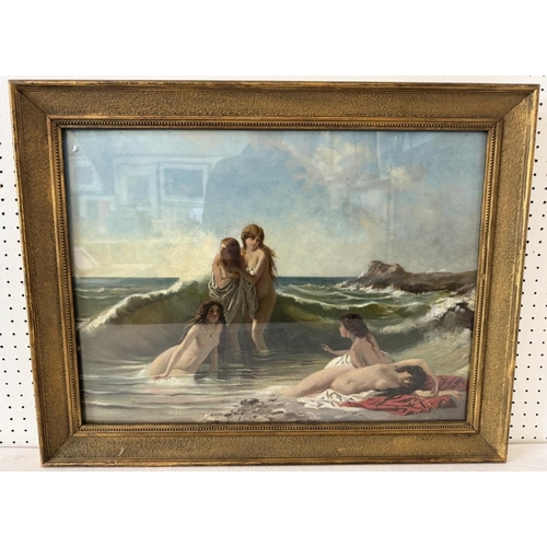 1886 - Adolf Lalyre (French, 1848-1933) - Sirens on the Beach, unsigned, oil on canvas, 41 x 56 cm, in gilt... 