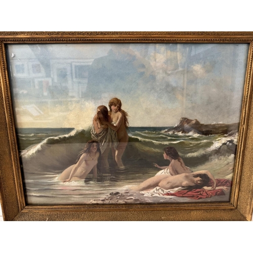 1886 - Adolf Lalyre (French, 1848-1933) - Sirens on the Beach, unsigned, oil on canvas, 41 x 56 cm, in gilt... 