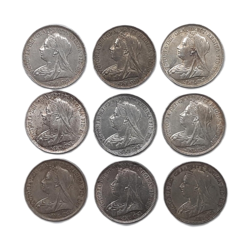 880 - Victoria (1837 - 1901) Nine silver 6d coins (9).