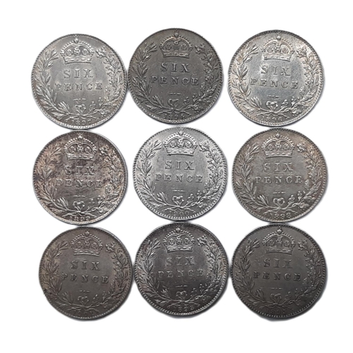 880 - Victoria (1837 - 1901) Nine silver 6d coins (9).