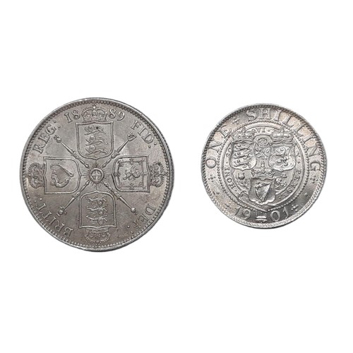 897 - Victoria (1837 - 1901) A silver florin coin, 1889 and a silver shilling, 1901 (2).