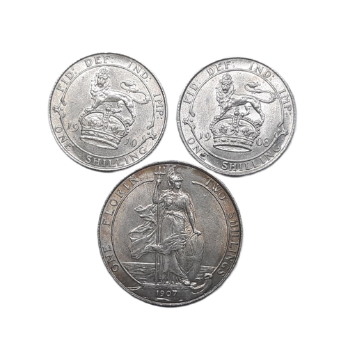 926 - Edward VII (1901 - 1901) Three silver coins, 1907 Florin, 1908 and 1910 shillings (3)