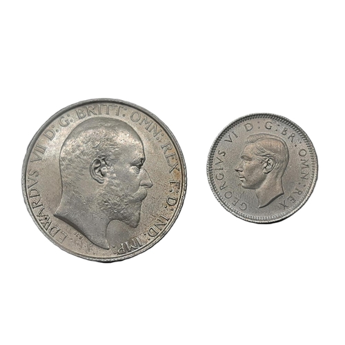 931 - Edward VII (1901 - 1910) A silver florin coin, 1910, together with a George V 6D coin, 1951 (2)