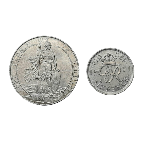 931 - Edward VII (1901 - 1910) A silver florin coin, 1910, together with a George V 6D coin, 1951 (2)