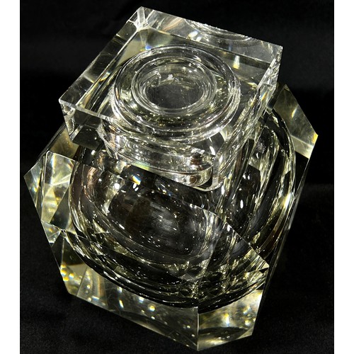 155 - An oversized glass inkwell with an egg cup sized inkwell supported by a cut glass hollow square cut ... 