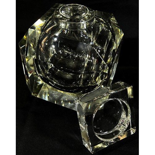 155 - An oversized glass inkwell with an egg cup sized inkwell supported by a cut glass hollow square cut ... 