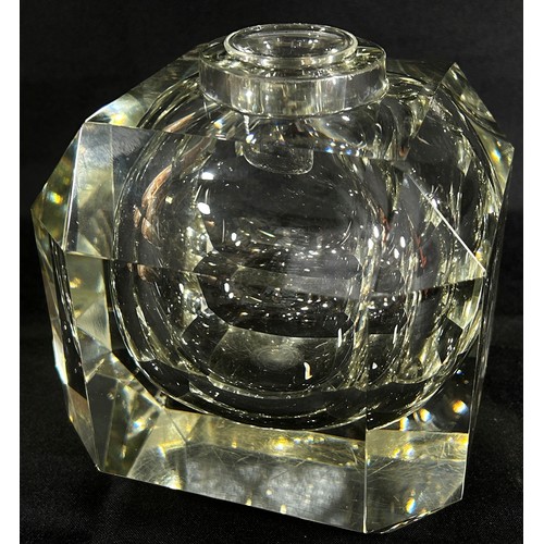 155 - An oversized glass inkwell with an egg cup sized inkwell supported by a cut glass hollow square cut ... 