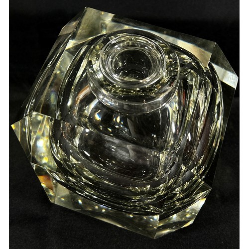 155 - An oversized glass inkwell with an egg cup sized inkwell supported by a cut glass hollow square cut ... 