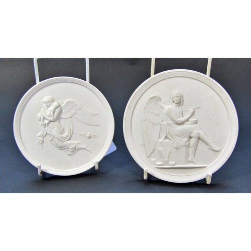 451 - Two Royal Copenhagen bisque disc shaped panels depicting Day and Night and the Genius of Sculpture A... 