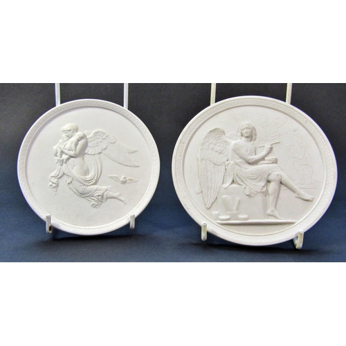 451 - Two Royal Copenhagen bisque disc shaped panels depicting Day and Night and the Genius of Sculpture A... 