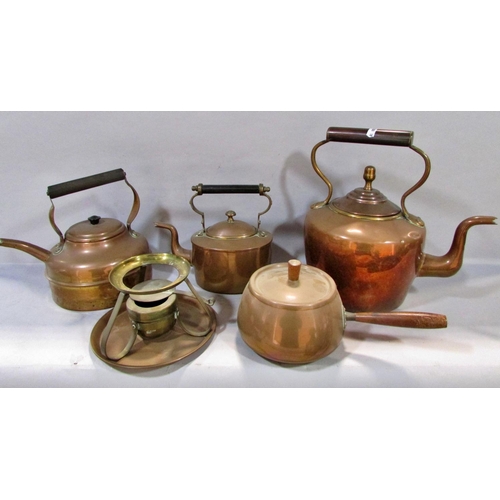 514 - A 19th century collection of copper kitchen ware including, kettles, a cooking pots, a toasting fork... 