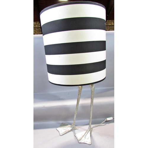 596 - A Porta Romana duck leg lamp, with a black and white hooped shade, 84cm overall, (fitted with a cont... 