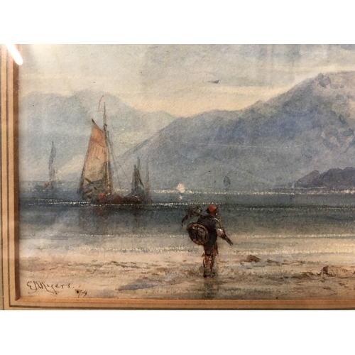 1846 - E. Myers (19th century) - Lake landscape with fishermen in the foreground and sublime mountain vista... 