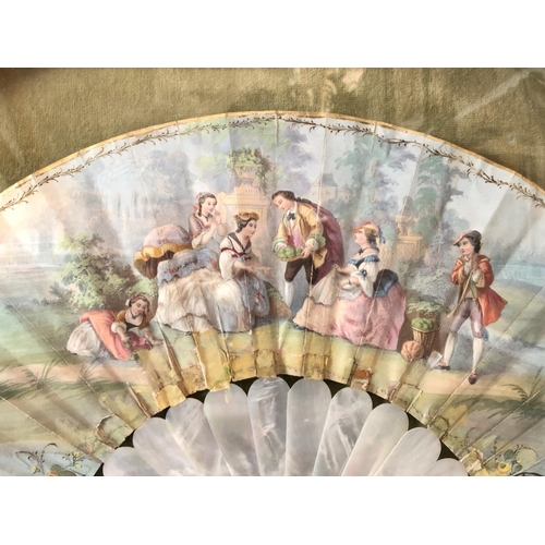 1865 - A 19th century hand-painted fan depicting a classical figurative garden scene with a mother of pearl... 