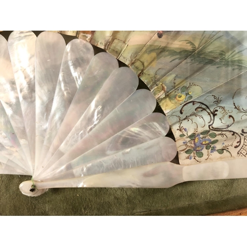 1865 - A 19th century hand-painted fan depicting a classical figurative garden scene with a mother of pearl... 