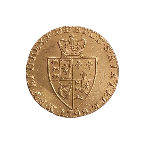 821 - George III (1760-1820) A gold Spade Guinea coin, 1798, fifth laureate head, reverse crowned shield, ... 