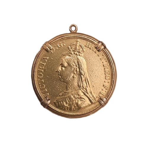 826 - Victoria (1837 - 1901) A gold jubilee head quintuple sovereign coin, 1887, pendant mounted in yellow... 