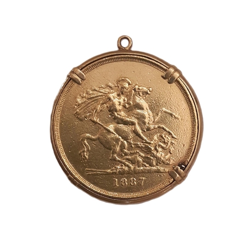 826 - Victoria (1837 - 1901) A gold jubilee head quintuple sovereign coin, 1887, pendant mounted in yellow... 