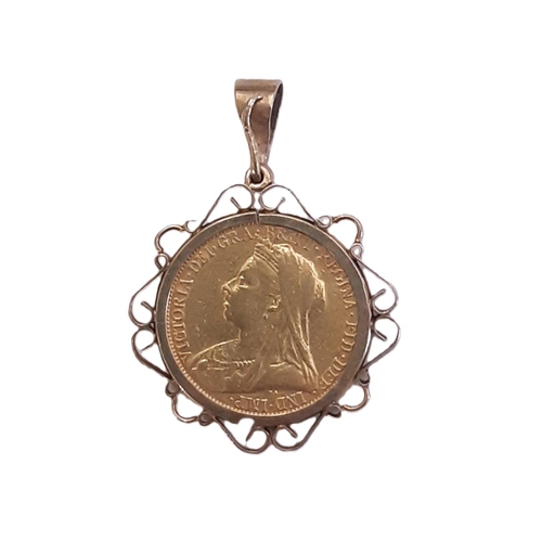 831 - Victoria - 1837 1901) A gold full sovereign coin, 1893, in 9ct yellow gold pendant mount, 10g (gross... 