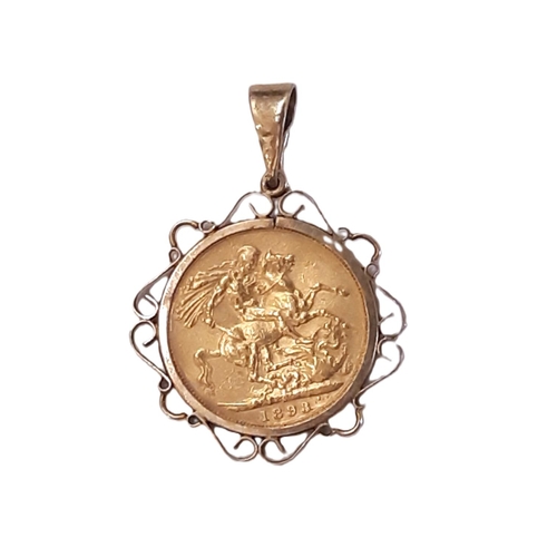 831 - Victoria - 1837 1901) A gold full sovereign coin, 1893, in 9ct yellow gold pendant mount, 10g (gross... 