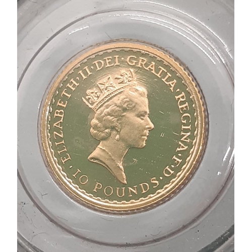 855 - Elizabeth II (1952 - 2022) A gold ten pounds coin, 1987, in the ‘1/10 Ounce Fine Gold Britannia’ des... 