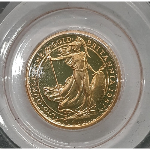 855 - Elizabeth II (1952 - 2022) A gold ten pounds coin, 1987, in the ‘1/10 Ounce Fine Gold Britannia’ des... 