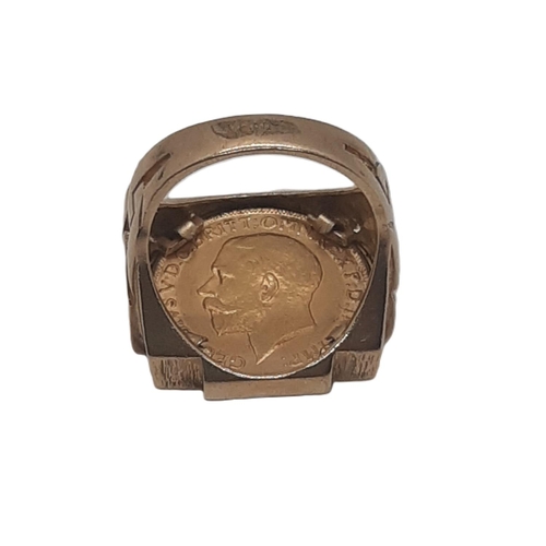 862 - George V (1910 - 1936) a gold full sovereign coin, 1911, mounted as a ring in 9ct yellow gold with p... 