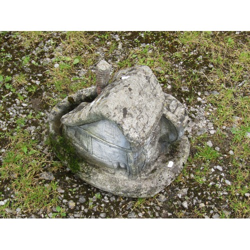 1057 - A weathered cast composition stone square tapered planter with raised relief detail, 34 cm square to... 