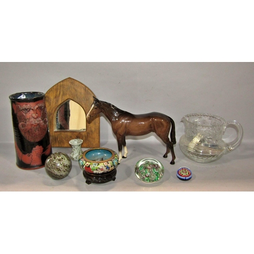 608 - A miscellaneous collection of items including a little 19th century stool, a leather Dachshund door ... 