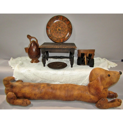 608 - A miscellaneous collection of items including a little 19th century stool, a leather Dachshund door ... 