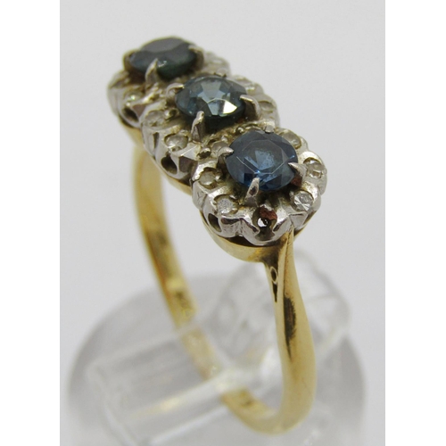 311 - 18ct topaz and diamond triple cluster ring, maker 'ACCo', size P, 4g (one diamond vacant)